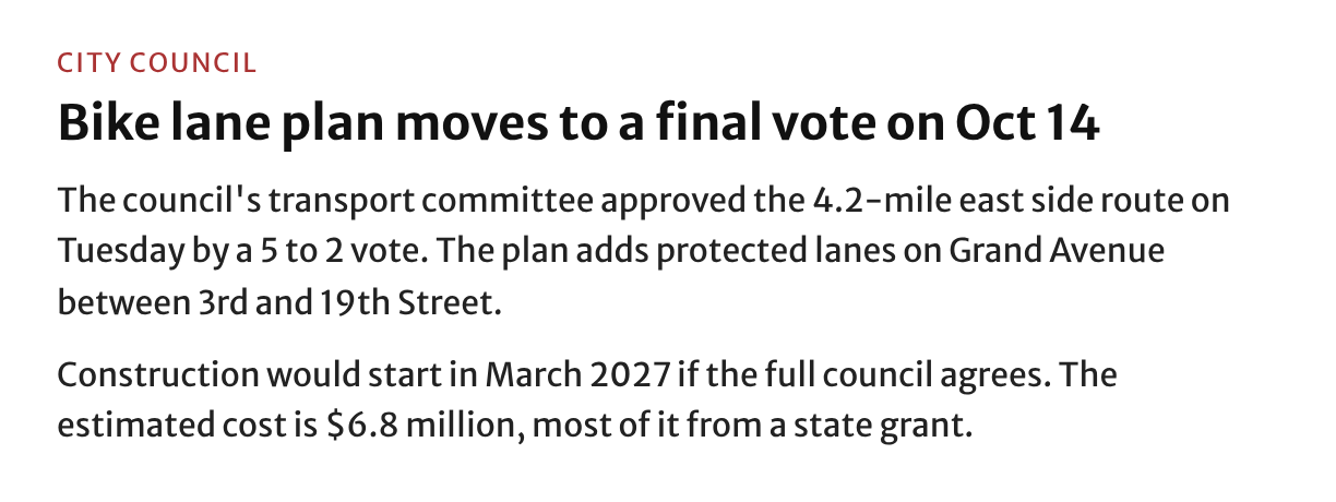 News article block with the label City Council, the headline Bike lane plan moves to a final vote on Oct 14, and two paragraphs about a 4.2-mile east side route approved 5 to 2, construction from March 2027, and a cost of $6.8 million