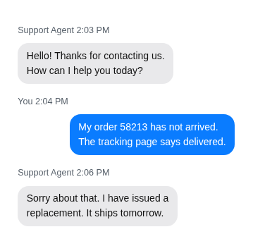 Support chat screenshot: the agent says hello and asks how to help, the customer says order 58213 has not arrived though tracking says delivered, and the agent says a replacement ships tomorrow