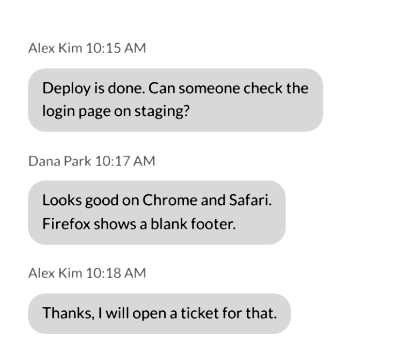 The same chat after the flip step: grayscale, with dark text on light gray bubbles and a white background