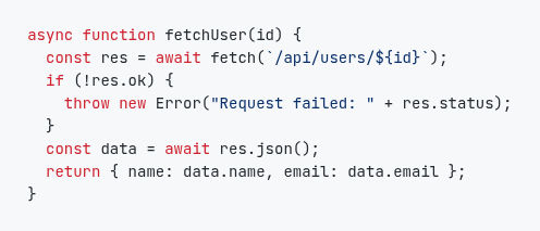 Code screenshot of a JavaScript async function fetchUser that fetches /api/users/ plus an id in a template string, throws an Error with Request failed plus the status if the response is not ok, and returns the name and email from the JSON