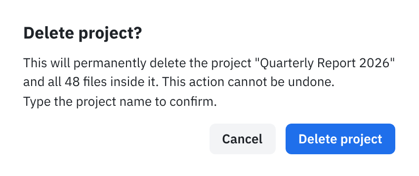 Dialog titled Delete project? warning that the project Quarterly Report 2026 and all 48 files inside it will be permanently deleted, asking the user to type the project name to confirm, with Cancel and Delete project buttons