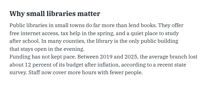 Page 1: a short article headed Why small libraries matter, about library services and a 12 percent budget loss between 2019 and 2025