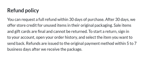 Page 2: a refund policy explaining 30 day refunds, store credit, and refunds issued within 5 to 7 business days