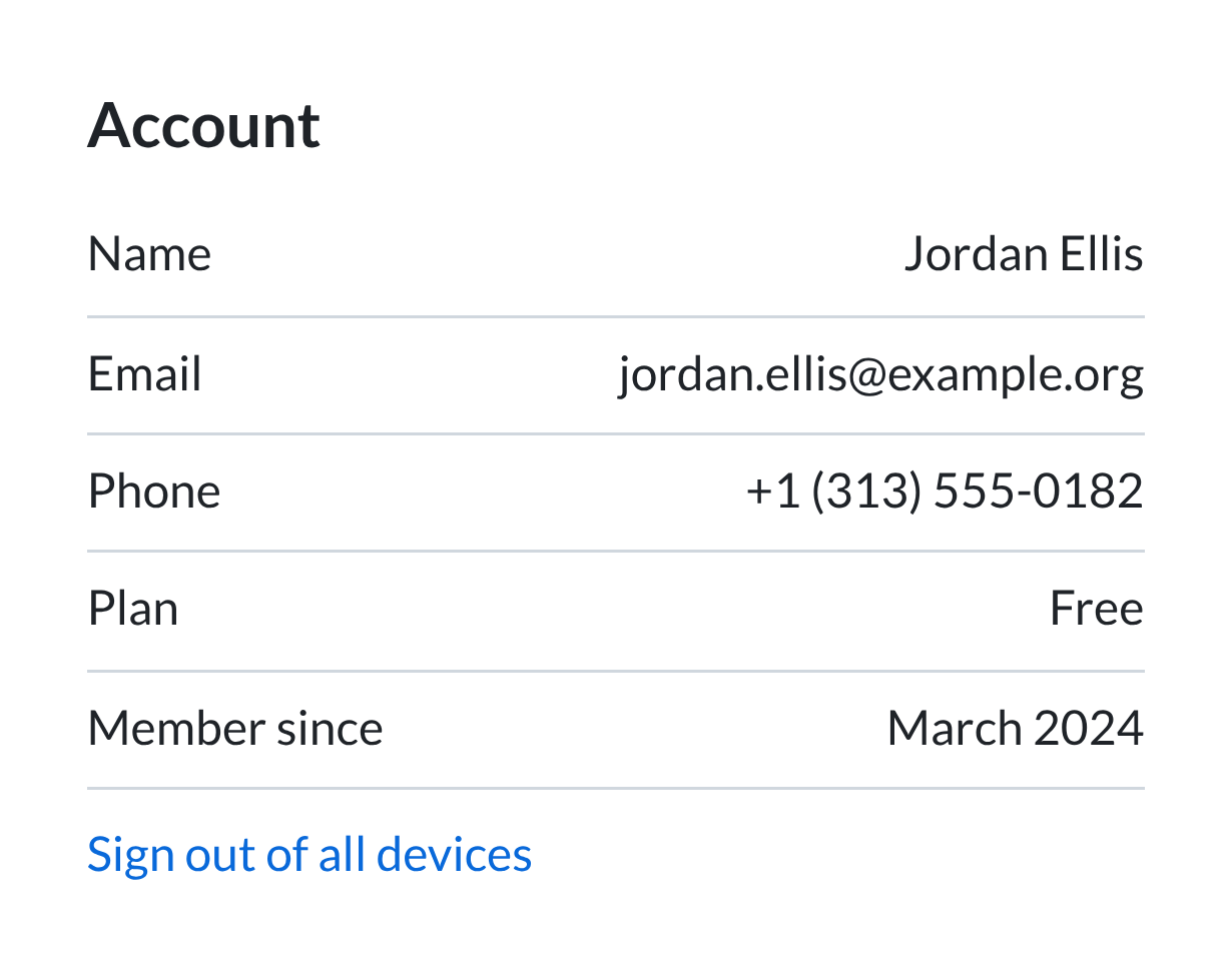 Phone account screen showing Name Jordan Ellis, Email jordan.ellis@example.org, Phone +1 (313) 555-0182, Plan Free, Member since March 2024, and a Sign out of all devices button