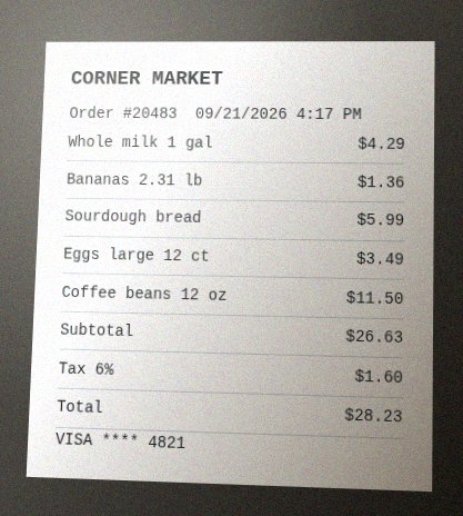 Slightly tilted, soft photo of a Corner Market receipt listing milk, bananas, sourdough bread, eggs, and coffee beans, with subtotal $26.63, tax $1.60, total $28.23, and a VISA card ending 4821