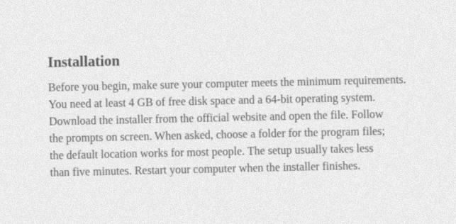 A scan-like page, slightly tilted and grainy with faded gray print, headed Installation, telling readers to check disk space and run the installer
